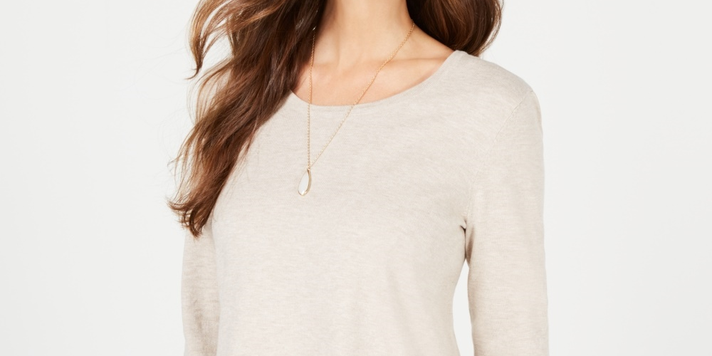 Style & Co Women's Lace TrimLong Sleeve Top Beige Size PL