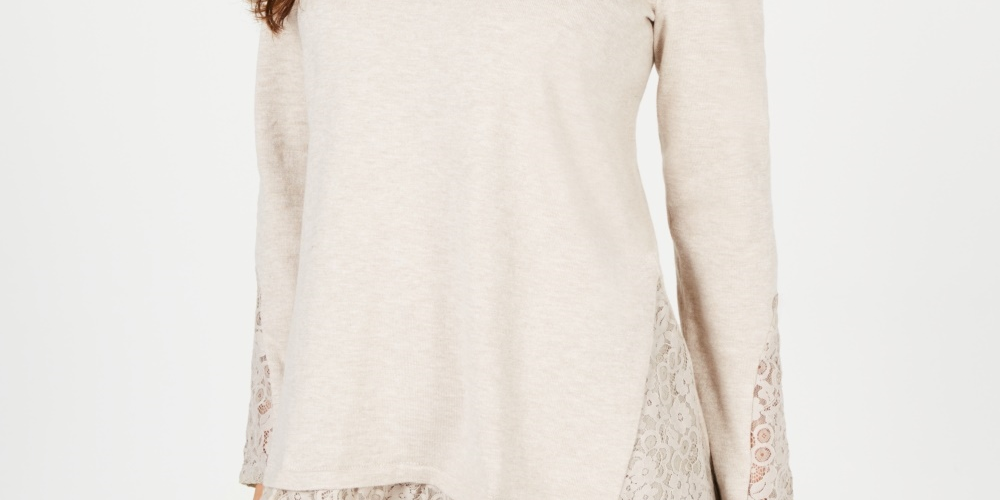 Style & Co Women's Lace TrimLong Sleeve Top Beige Size PL