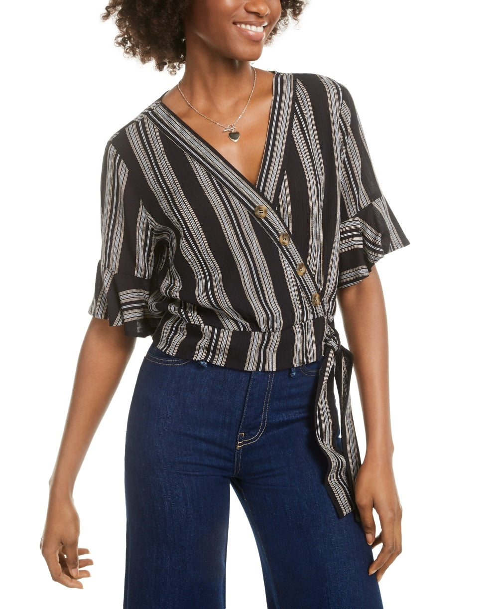 Gypsies & Moondust Junior's Printed Faux Wrap Top Black Size Medium