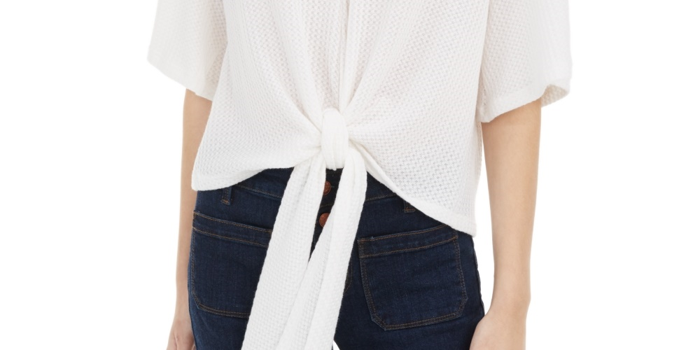 Polly & Esther Junior's Tie Front Waffle Knit Top White Size Large