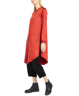 Eileen Fisher Women's Mandarin Satin Button-Down Tunic Top Red Size Large