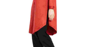 Eileen Fisher Women's Mandarin Satin Button-Down Tunic Top Red Size Large