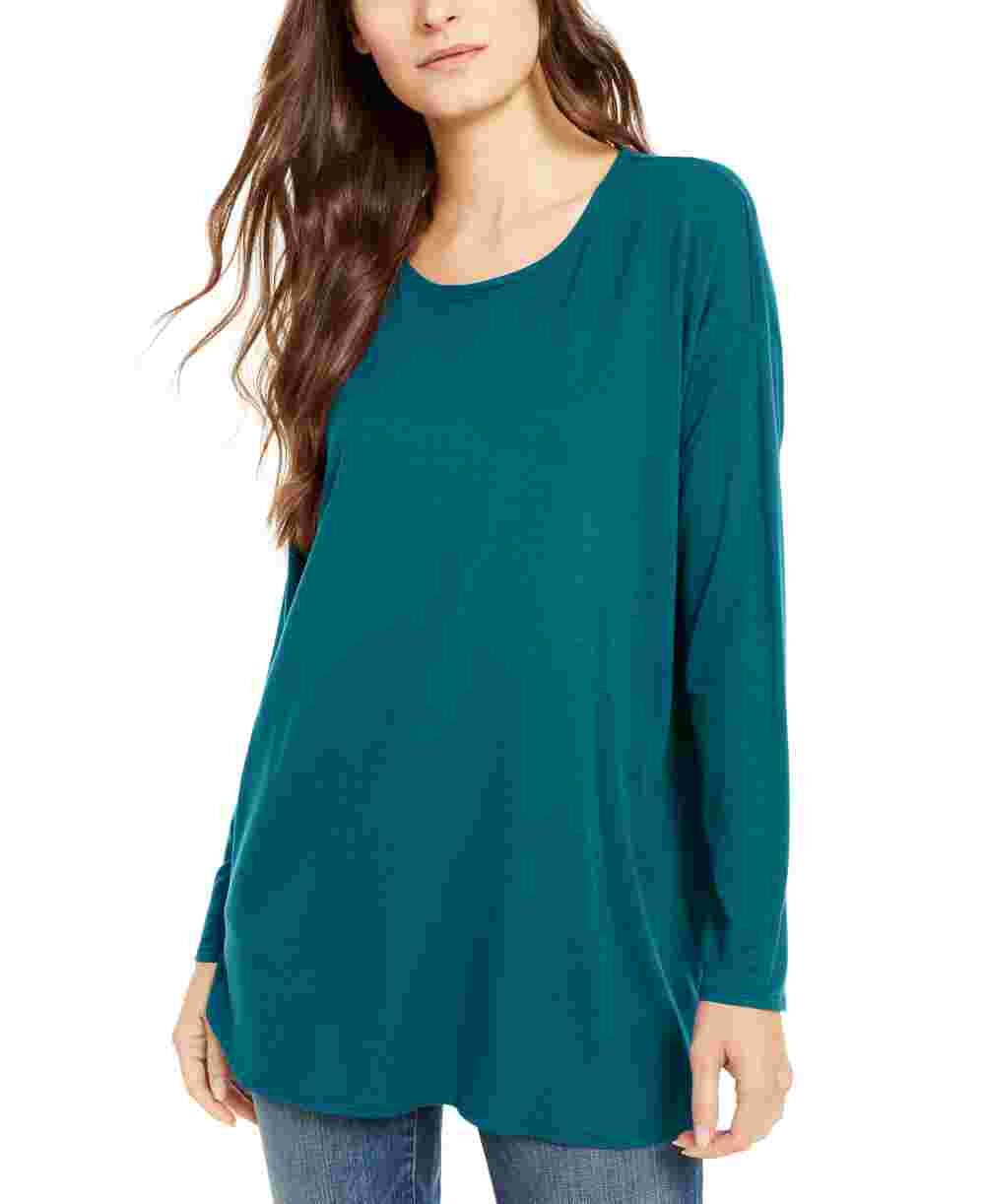 Eileen Fisher Women's Teal Long Sleeve Scoop Neck Tunic Top Green Size Large