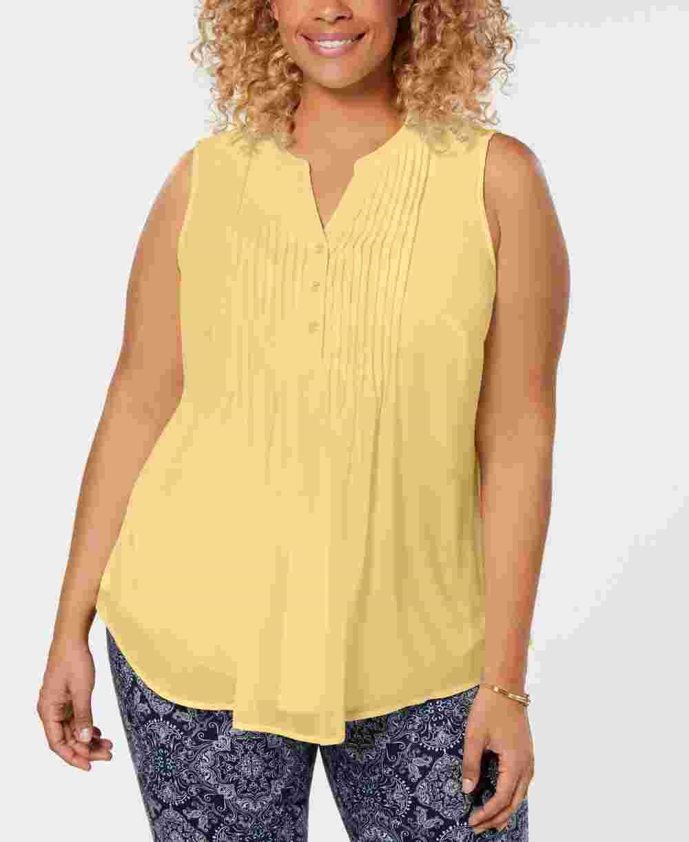 Charter Club Women's Pleated Pintuck Top Yellow Size 1X