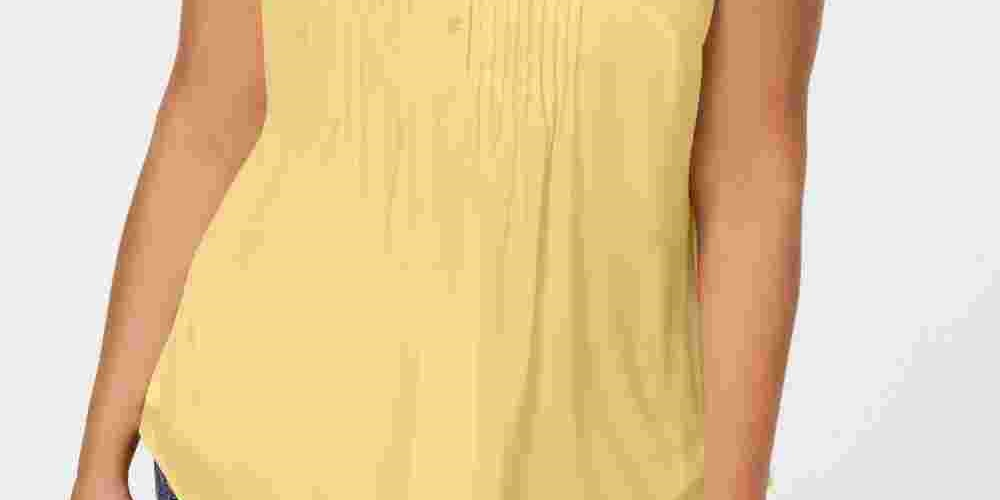 Charter Club Women's Pleated Pintuck Top Yellow Size 1X