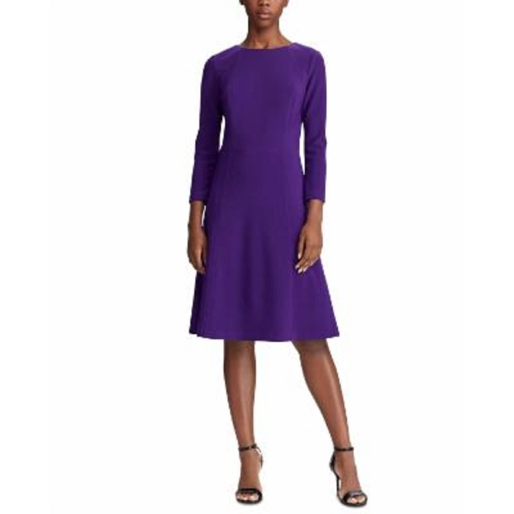 Ralph Lauren Women's Purple Zippered 3/4 Sleeve Jewel Neck Above The Knee Fit Flare Party Dress Purple Size 16