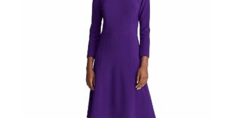 Ralph Lauren Women's Purple Zippered 3/4 Sleeve Jewel Neck Above The Knee Fit Flare Party Dress Purple Size 16
