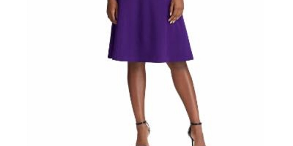 Ralph Lauren Women's Purple Zippered 3/4 Sleeve Jewel Neck Above The Knee Fit Flare Party Dress Purple Size 16