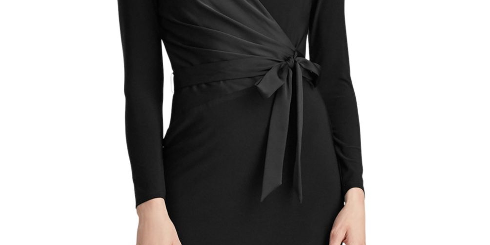 Ralph Lauren Women's Black Belted Long Sleeve V Neck Below The Knee Sheath Cocktail Dress   Black Size 2