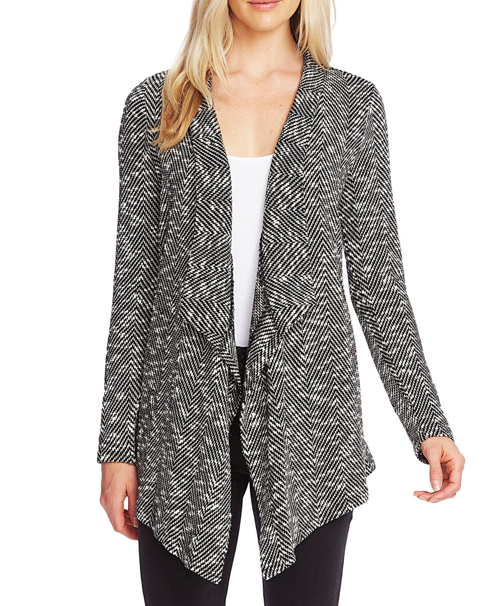Vince Camuto Women's Drape Front Herringbone Cardigan Black Size Large