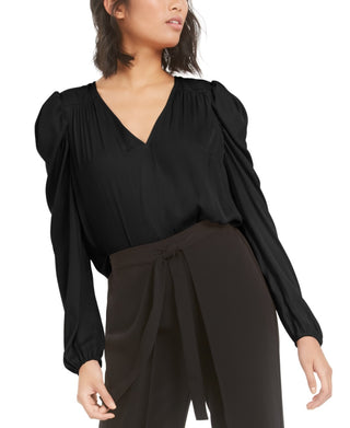 Bar III Women's Puff Sleeve V Neck Top Black Size Medium