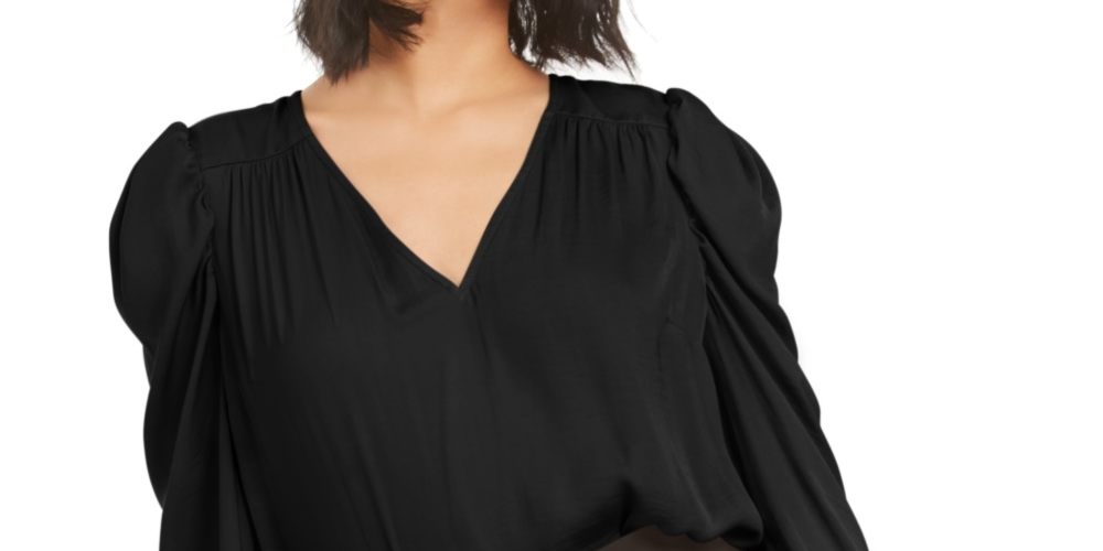 Bar III Women's Puff Sleeve V Neck Top Black Size Medium