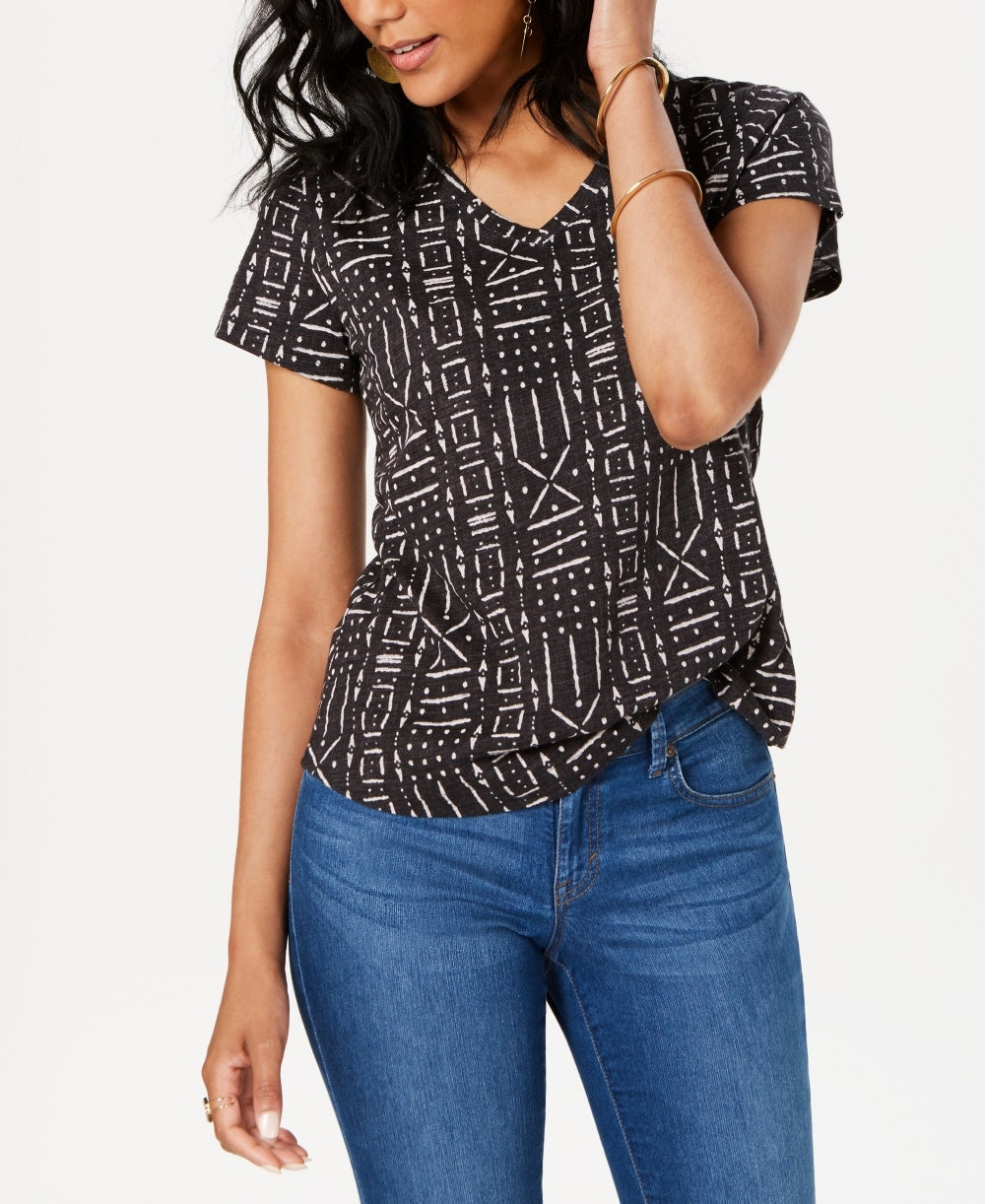 Style & Co Women's Cotton Printed V Neck Top Black Size PS