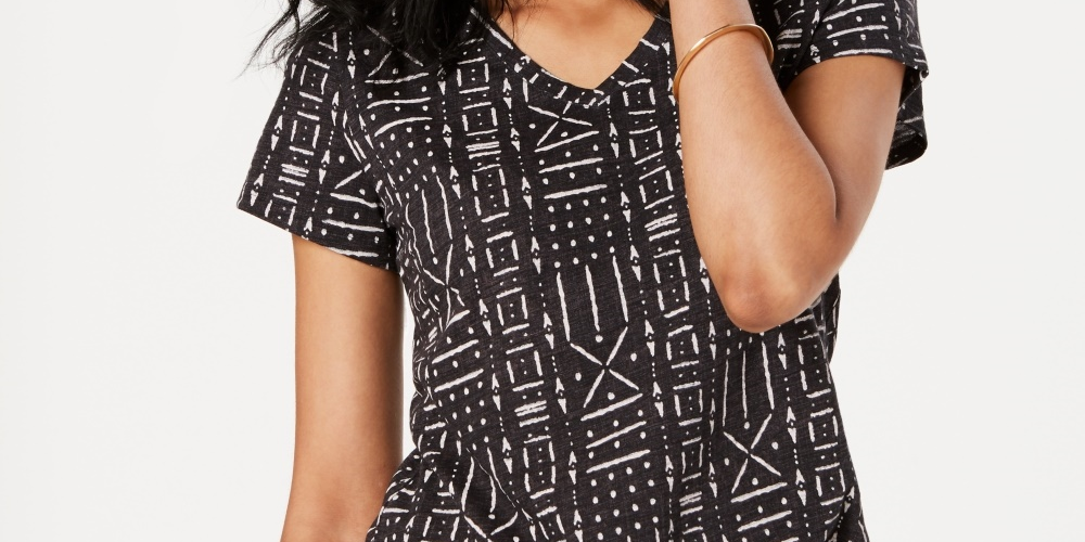 Style & Co Women's Cotton Printed V Neck Top Black Size PS