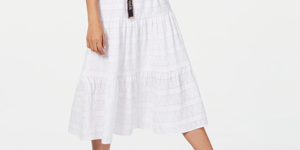 Tommy Hilfiger Women's Cotton Eyelet Midi Dress  White Size 4