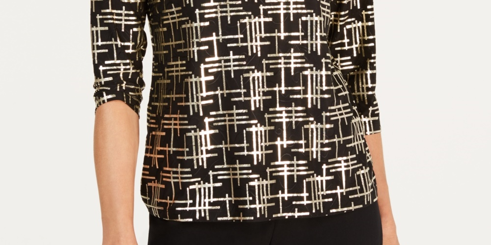 JM Collection Women's Printed Jacquard Top Black Size Petite X-Large