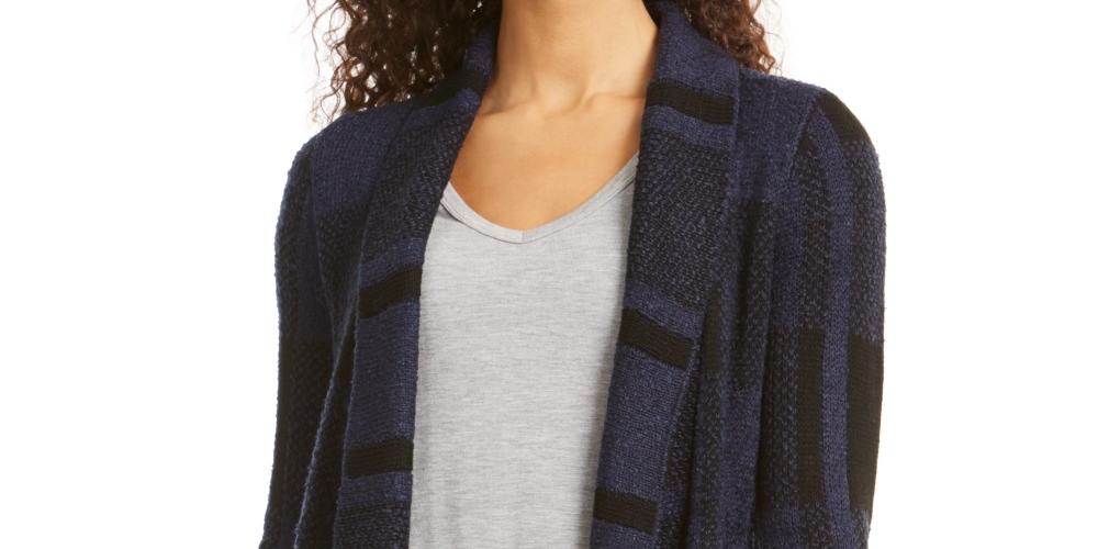 Style & Co Women's Plaid Boucle Cardigan Blue Size PM