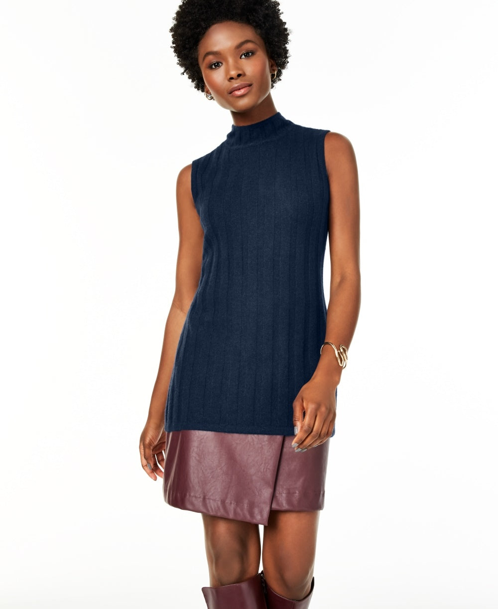Charter Club Women's Sleeveless Mock Neck Pure Cashmere Sweater Blue Size Petite Small