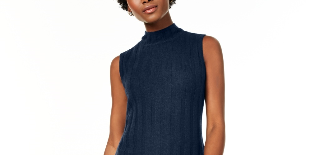 Charter Club Women's Sleeveless Mock Neck Pure Cashmere Sweater Blue Size Petite Small