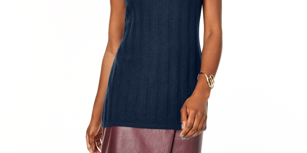 Charter Club Women's Sleeveless Mock Neck Pure Cashmere Sweater Blue Size Petite Small