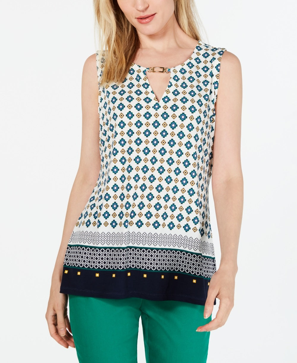 Charter Club Women's Printed Keyhole Top White Size Petite Medium