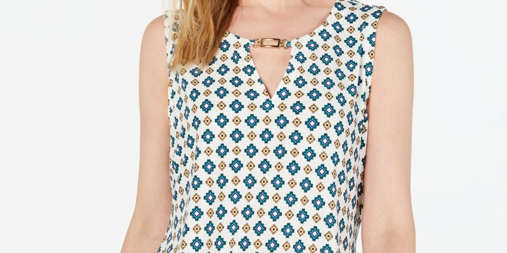 Charter Club Women's Printed Keyhole Top White Size Petite Medium