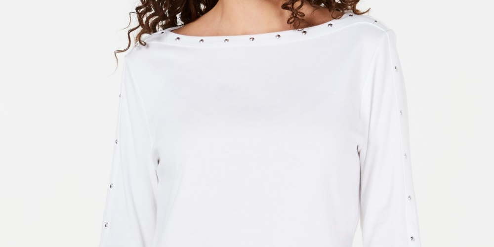 Karen Scott Women's Studded Boat Neck Cotton Top  White Size Petite Small