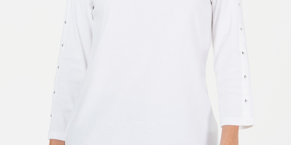 Karen Scott Women's Studded Boat Neck Cotton Top  White Size Petite Small