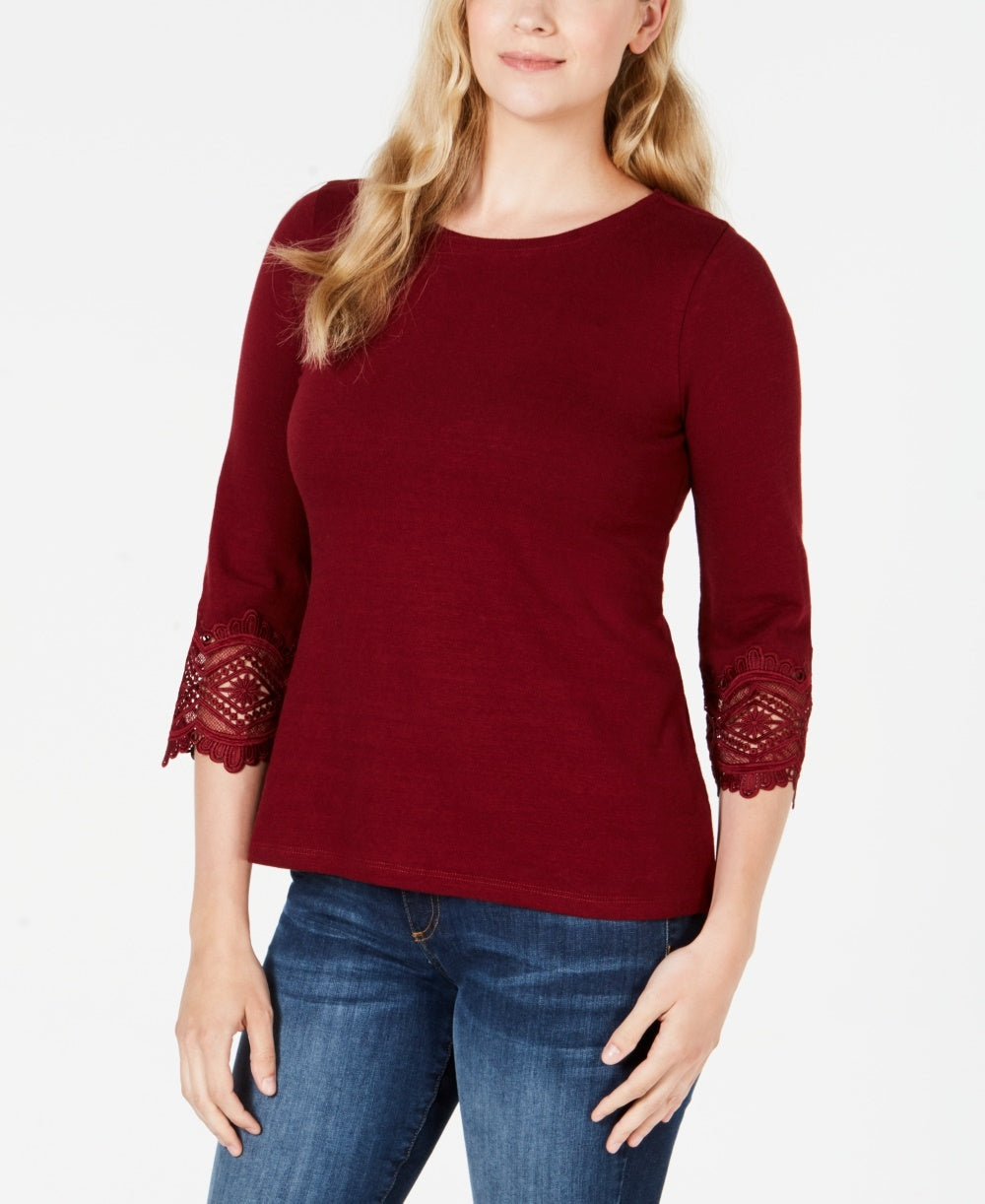 Charter Club Women's Cotton Lace Trim Top Red Size Petite Small