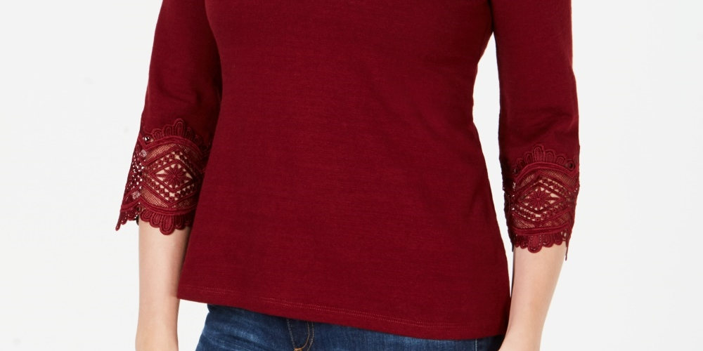 Charter Club Women's Cotton Lace Trim Top Red Size Petite Small