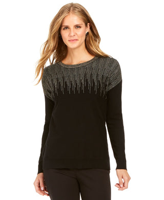 Alfani Women's Metallic-Detail Vented-Hem Sweater In Regular & Petite Black Size Petite Small