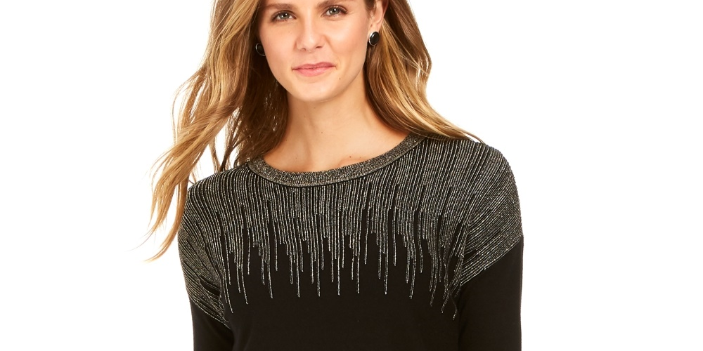 Alfani Women's Metallic-Detail Vented-Hem Sweater In Regular & Petite Black Size Petite Small