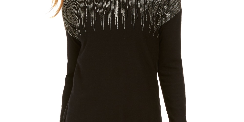 Alfani Women's Metallic-Detail Vented-Hem Sweater In Regular & Petite Black Size Petite Small