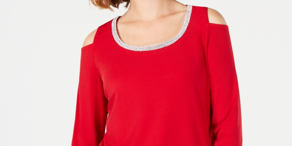 JM Collection Women's Petite Embellished Cold-Shoulder Top Red Size Petite X-Large