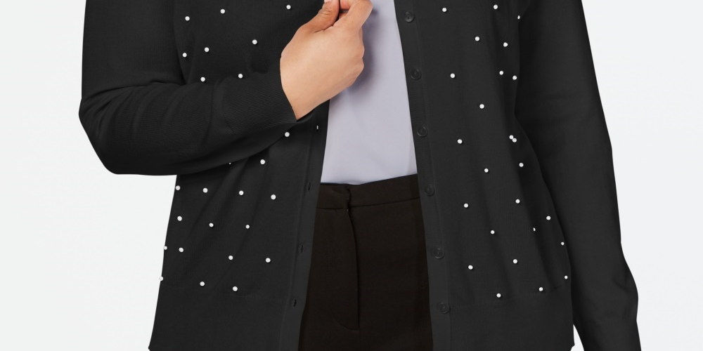 Charter Club Women's Plus Size Faux-Pearl Studded Cardigan Black Size 0X