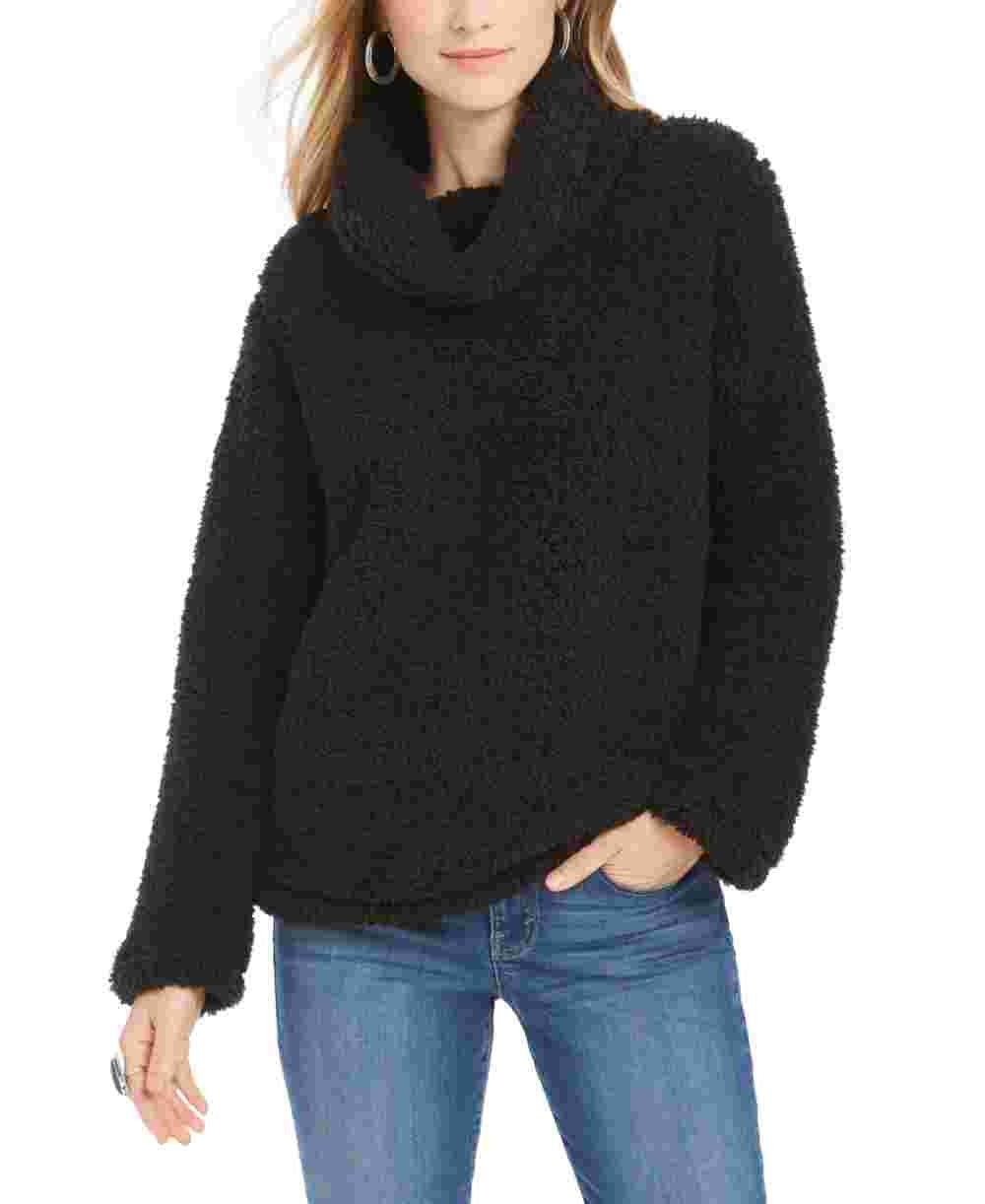 Style & Co Women's Faux Fur Solid Long Sleeve Turtle Neck Blouse Sweater Black Size Petite X-Large