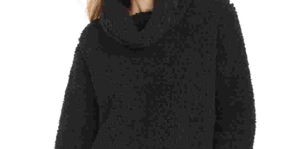 Style & Co Women's Faux Fur Solid Long Sleeve Turtle Neck Blouse Sweater Black Size Petite X-Large