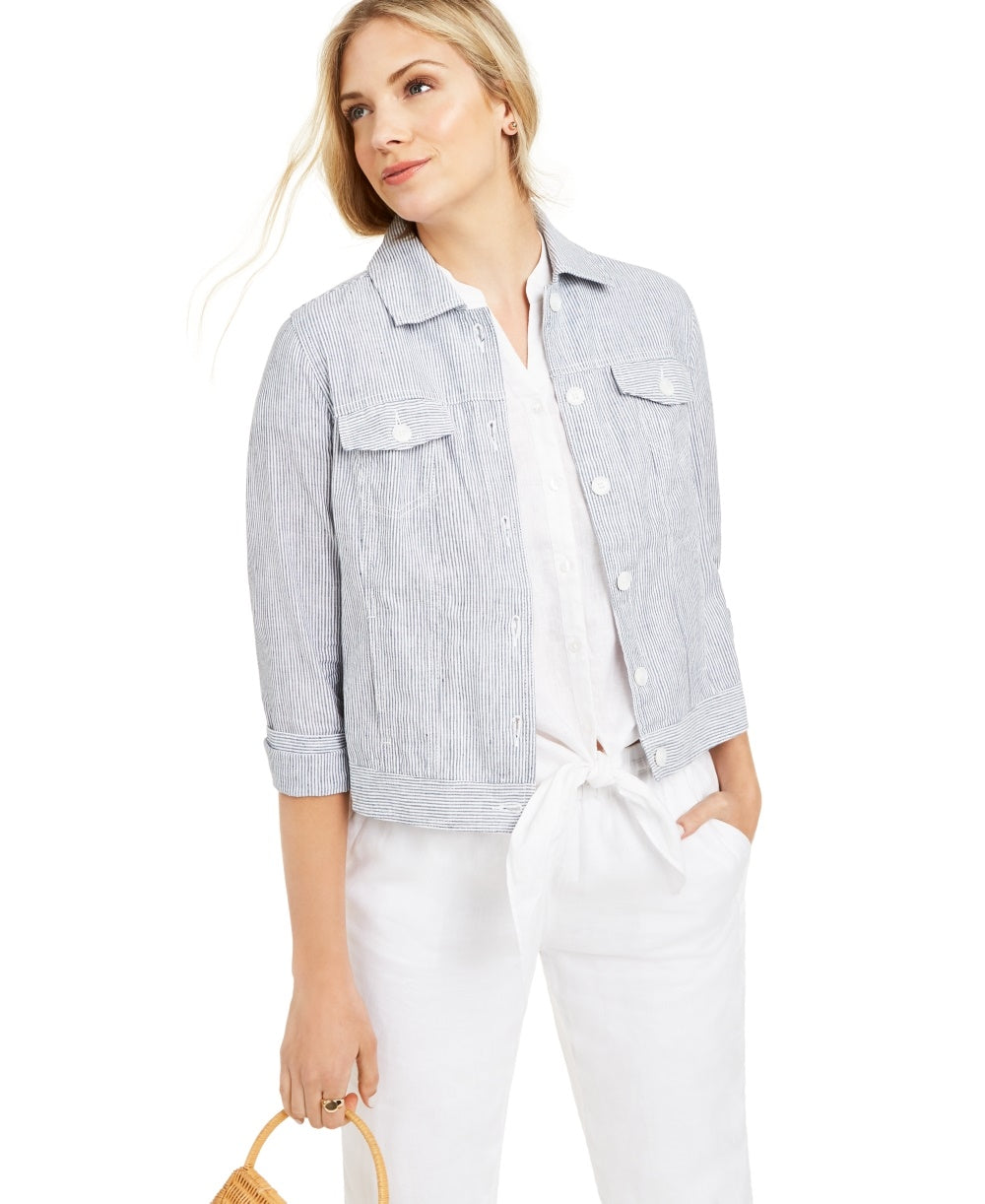Charter Club Women's Striped Linen Jacket White Size Medium
