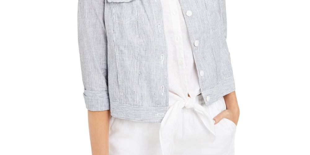 Charter Club Women's Striped Linen Jacket White Size Medium