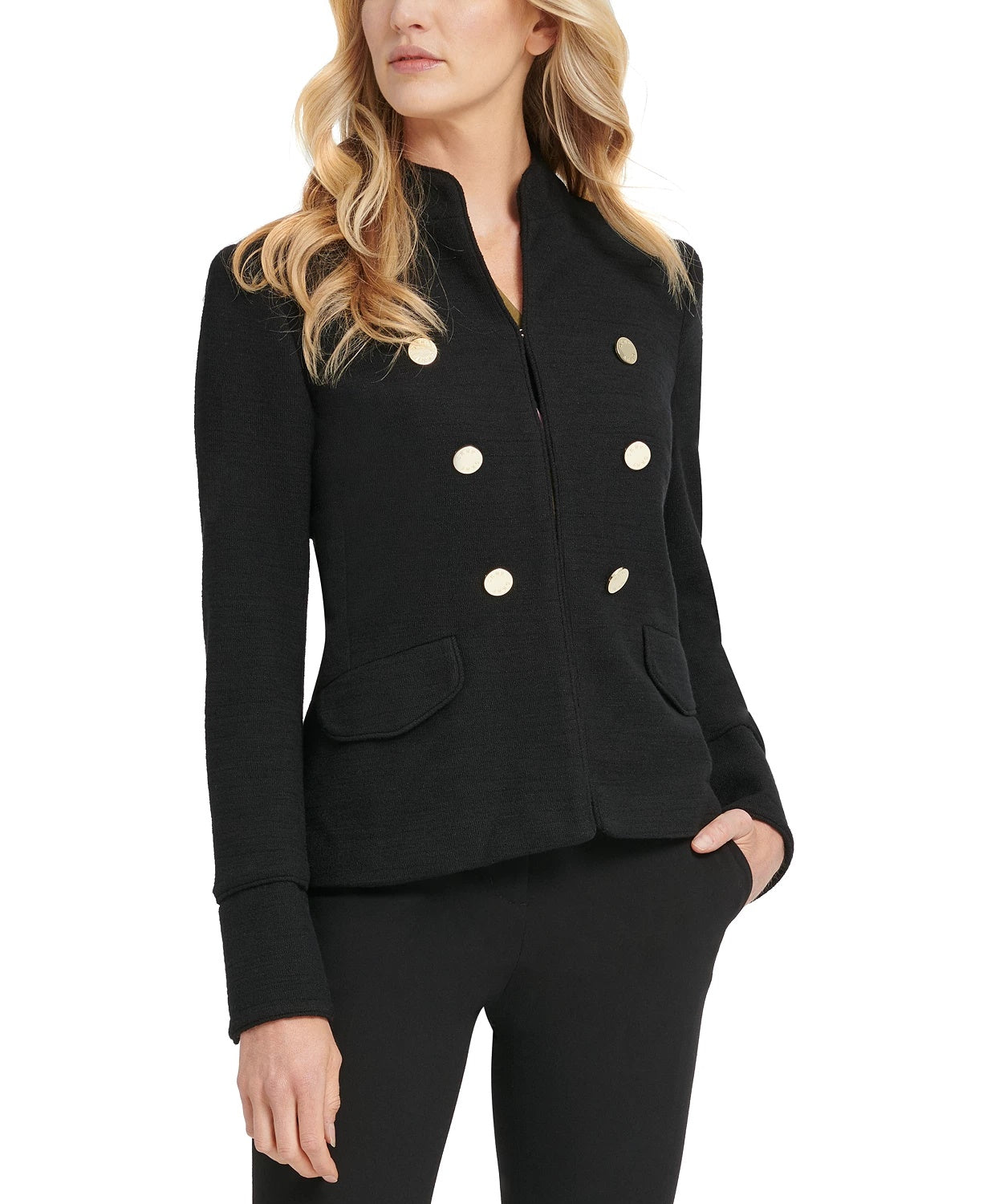 DKNY Women's Stand Collar Double Breasted Military Jacket Black Size 6
