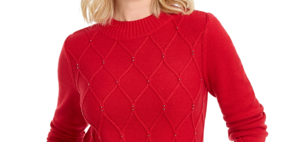 Karen Scott Women's Beaded Cable Mock Neck Sweater Red Size Small