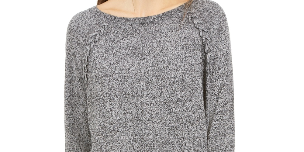 Style & Co Women's Lace Up Chevron Trim Sweater  Black Size PS