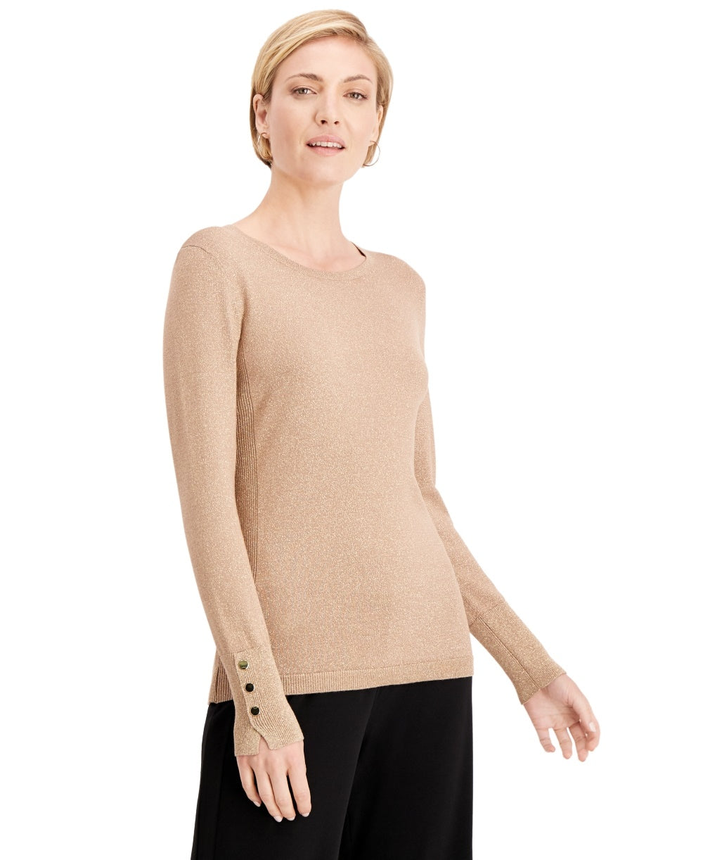 JM Collection Women's Metallic Round Neck Stud Cuff Sweater Yellow Size Large