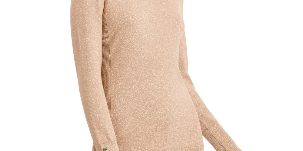 JM Collection Women's Metallic Round Neck Stud Cuff Sweater Yellow Size Large