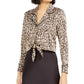 Bar III Women's Becca Tilley X Leopard Print Tie Front Satin Top Beige Size Small
