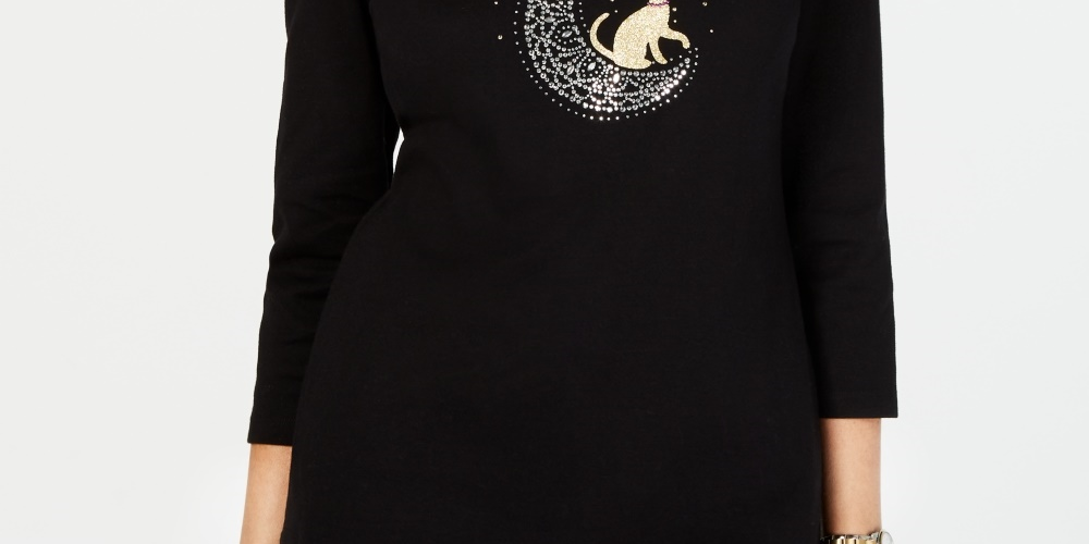 Karen Scott Women's 3/4-Sleeve Embellished Cotton Top Black Size X-Large