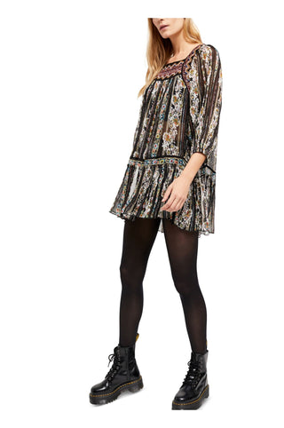 Free People Women's Printed 3/4 Sleeve Square Neck Tunic Top Black Size Small