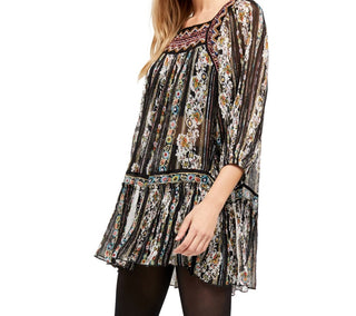 Free People Women's Printed 3/4 Sleeve Square Neck Tunic Top Black Size Small