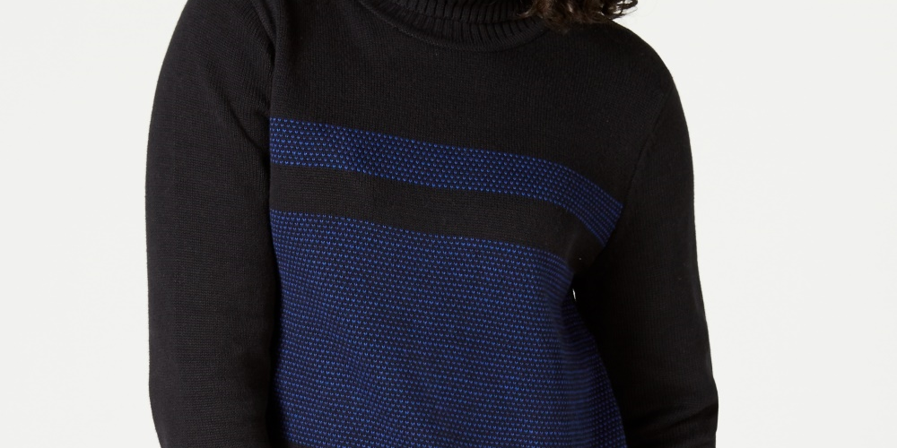 Karen Scott Women's Colorblocked Cotton Turtleneck Sweater Blue Size Petite Small