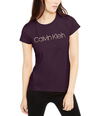 Calvin Klein Women's Studded-Logo T-Shirt Purple Size X-Large